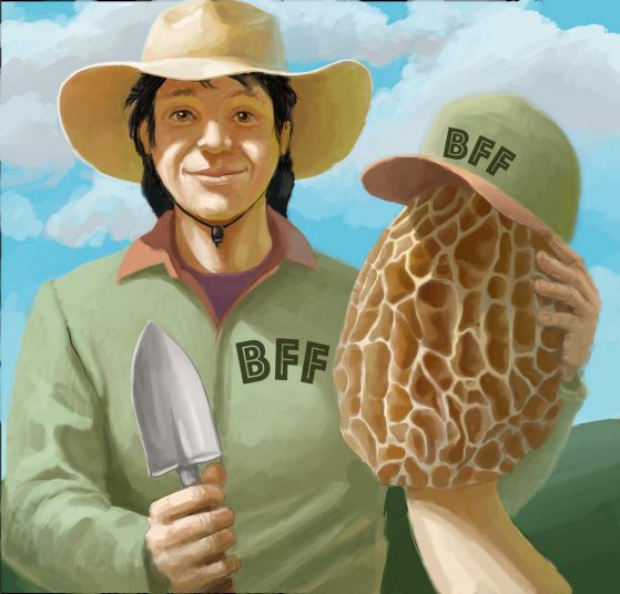 Farmer with mushroom, wearing BFF shirt and cap 