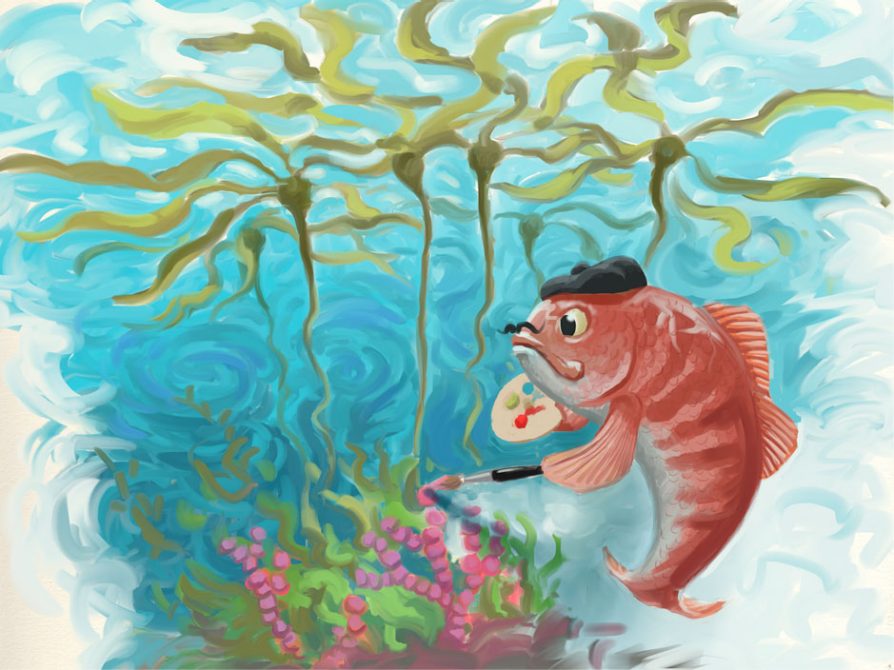 A fish wearing a French beret and with a mustache painting algae pink with a kelp forest in the background