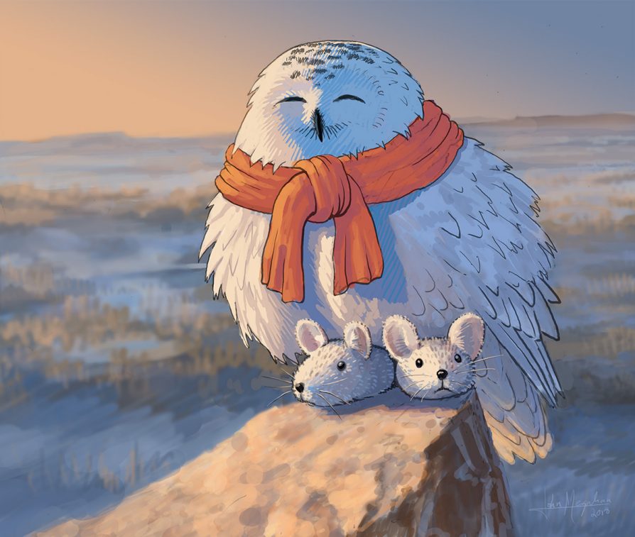 A drawing of a snowy owl wearing fuzzy rabbit slippers. Illustration: John Megahan