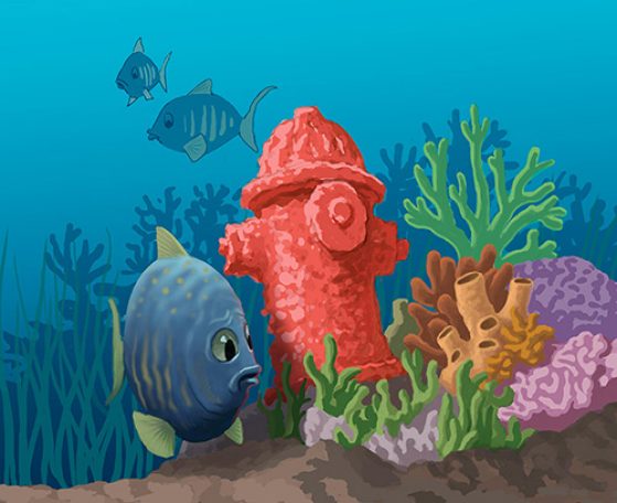 Confused fish swimming by coral reef with a coral fire hydrant. Illustration: John Megahan.