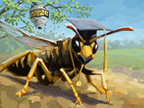 A wasp wearing a graduation cap with a hive hanging from a tree behind it that reads WASP U