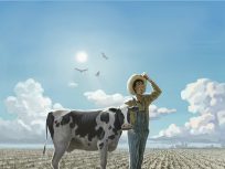 A farmer standing in a field of failing crops next to an unhappy looking cow. Buzzards are circling the big sky with clouds and a sun overhead and a city on the horizon. Illustration: John Megahan