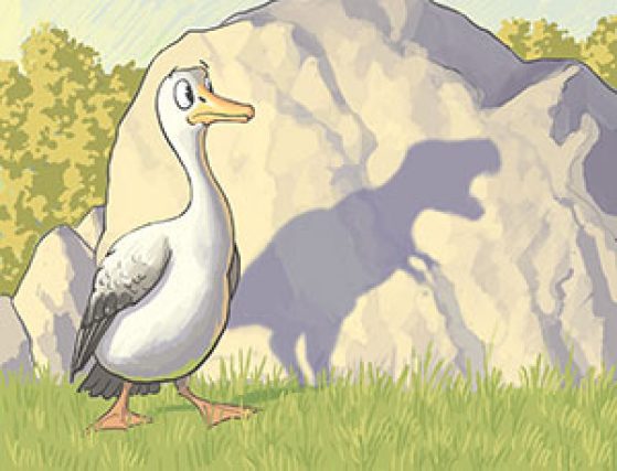 A surprised and frightened bird seeing its T-Rex shaped shadow on a rock. Illustration: John Megahan