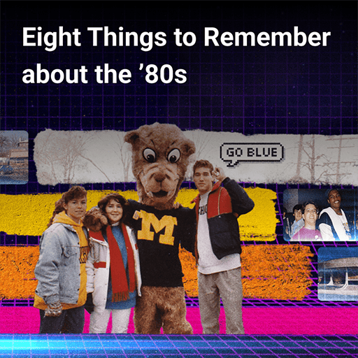Text saying "Eight Things to Remember about the '80s" over a 1980s photo of people posing with another person in a wolverine costume. 