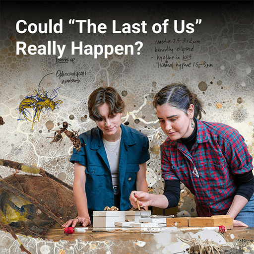 Text saying 'Could "The Last of Us" Really Happen?' over a photo of two scientists working with specimens in a museum.