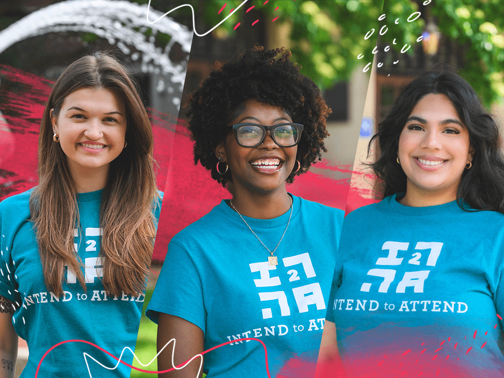 A triptych of photos of three women college students, each wearing a bright blue Intend 2 Attend T-shirt.