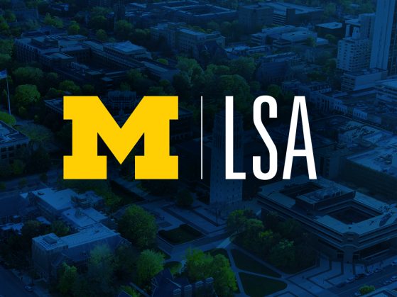UM|LSA layered across an aerial view of Ann Arbor