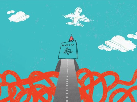 An illustration of a highway extending into the sky below a cloud shaped like an airplane. A passport sits at the rise of the road's peak and a person is perched upon it.