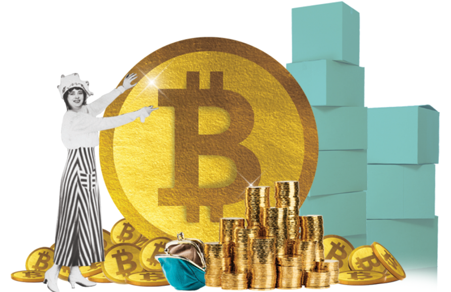 A black-and-white period image of a woman points like Vanna White to a giant golden Bitcoin. She's surrounded by stacks of Tiffany's-blue boxes and piles of Bitcoins.