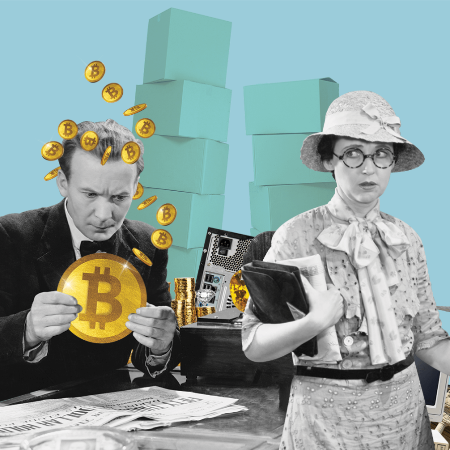 Black-and-white period images of a man and women are in the foreground, in front of a Tiffany's-blue background that includes stacks of unmarked boxes that look like they could hold fancy clothes. The man gazes greedily at a gold Bitcoin, with smaller gold coins floating around his head; the women looks at him over her shoulder with a worried expression.