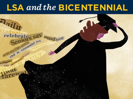 Illustration of student wearing cap and gown. Student is facing away and leaning slightly to the right. The words graduates, seniors say good-bye, with my cap, gown, clad in ceremonial garb, and U of M Daily are on the left side in different fonts and colors as if they had been torn.