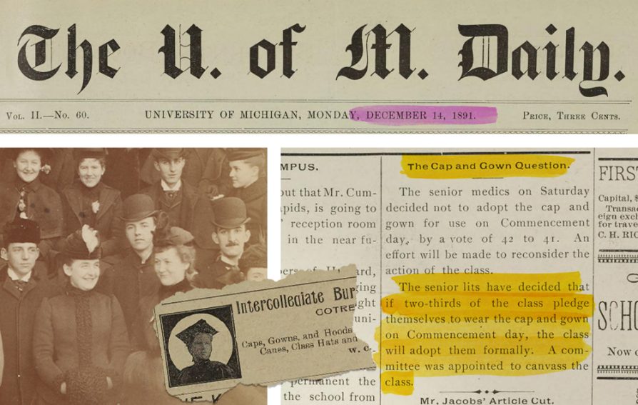 A Michigan Daily article dated December 14, 1891 that highlights the cap and gown debates. There is a picture of students wearing formal dresses and suits, including hats.