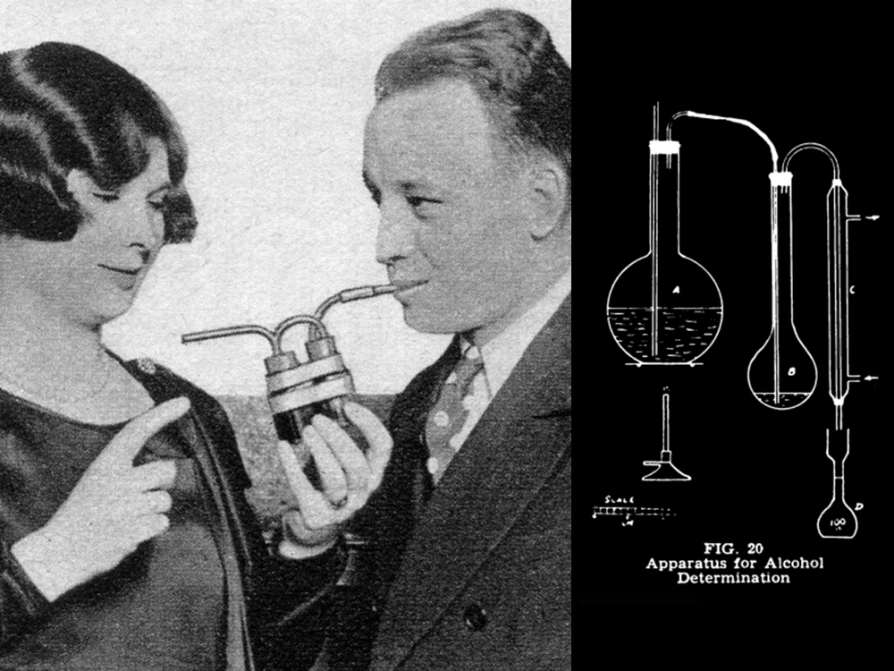On the left, an image of a woman and man blow into the same breathalyzer with two straws, which reminds a viewer of a romantic couple sipping from the same milkshake. On the right, an early diagram of McNally's breath analyzer invention, which involves a series of connected laboratory flasks.