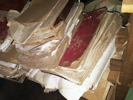 A photograph of a thick, bound book of paper that has suffered water damage.