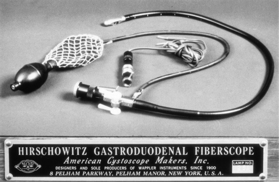 A black-and-white photograph of the Hirschowitz gastroduodenal fiberscope. 