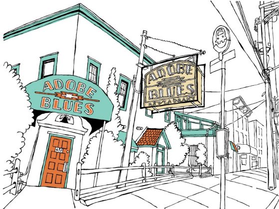 illustration of a bar called adobe blues. The bar is on a corner and has an awning above the door.