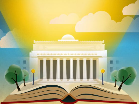 An illustration of Angell Hall resting on an open book. Trees and street lights are drawn into the edges of the image. Light radiates from the roof and it's layered with clouds.
