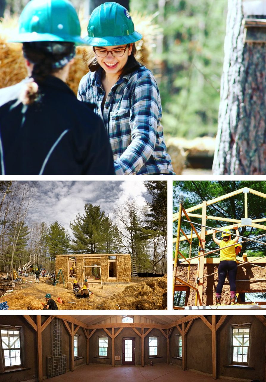 A composite of images. In the first, a young woman wearing a blue-and-white plaid shirt and a turquoise hard hat looks down at her work; below left, the frame of the house filled with bales of straw and below right, students holding horizontal pieces of the frame together; below these images a panoramic image of the house's living room. The rafters are bare and there is a fireplace on one of the left-hand walls.