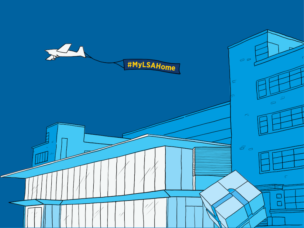 Illustration of new addition to LSA building with an airplane in the sky toting a sign that says #MYLSAHOME