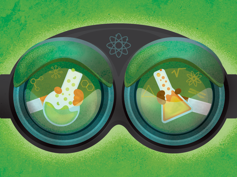 Illustration of hands holding beakers within chemistry goggles