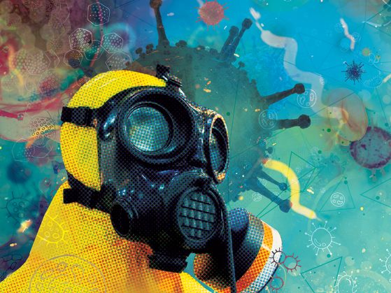 Illustration of a disease detective in a hazmat suit surrounded by bacteria