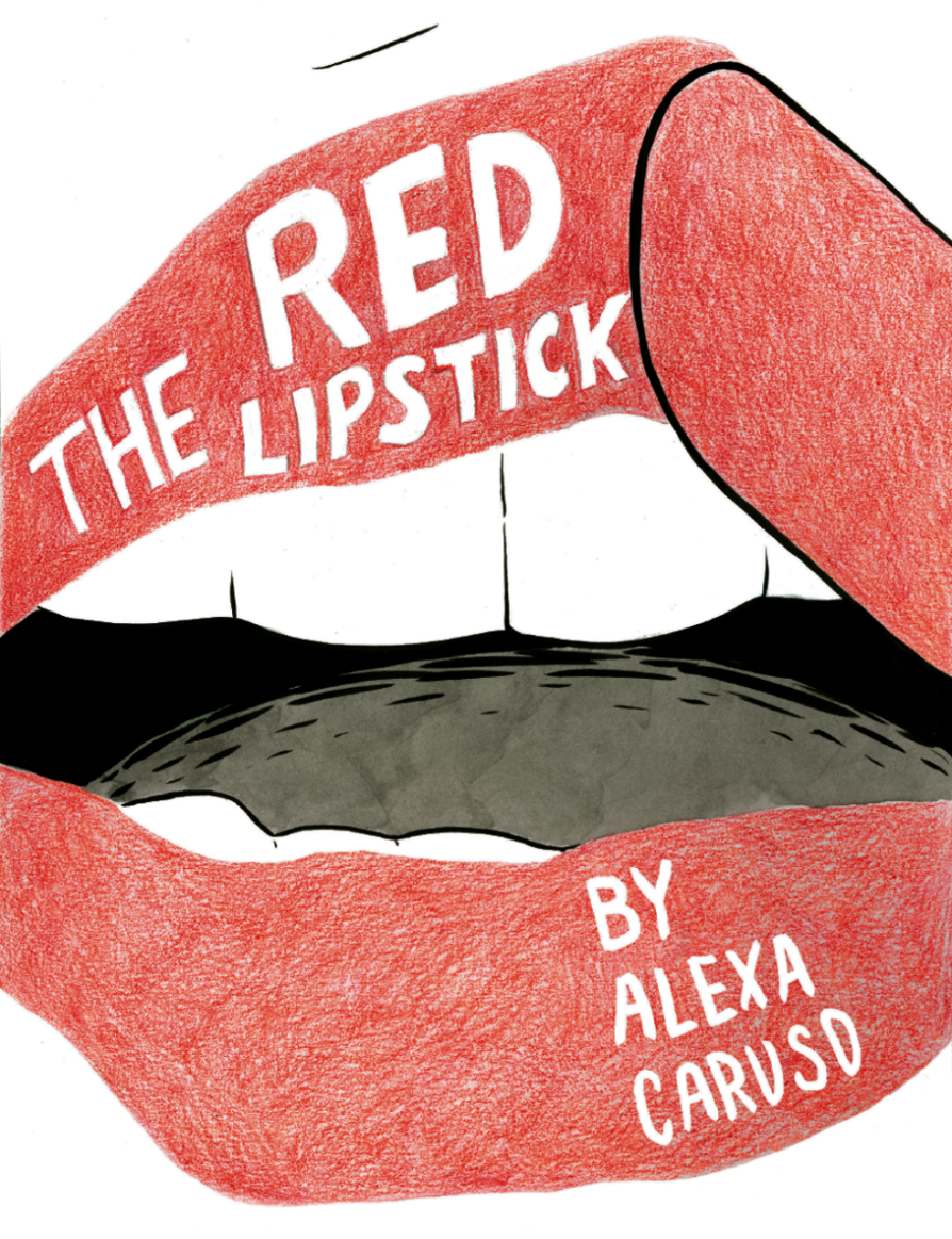 A partially opened mouth with red painted lips and teeth. The Red Lipstick is written in white letters on the upper lip.