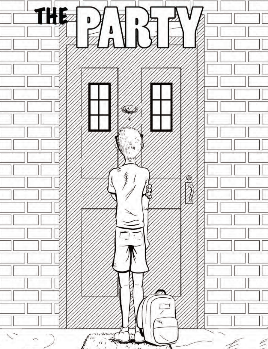 A black and white sketch of a boy standing in front of a closed door in a bricked wall. His backpack sits at his feet.