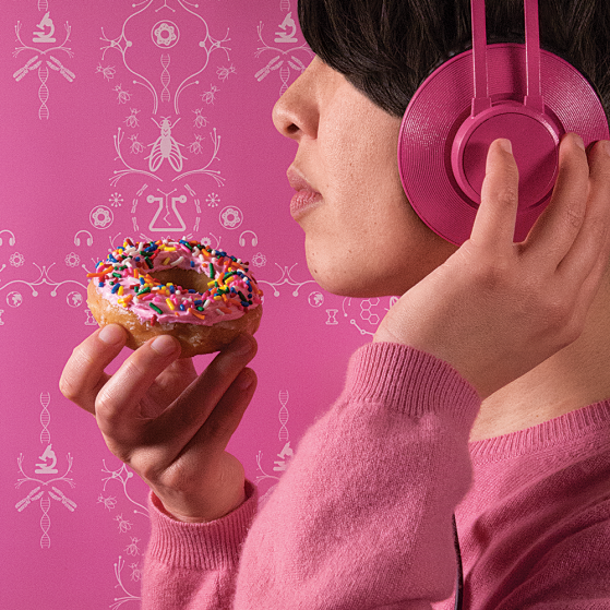 Figure with pink headphones on, holding a donut with pink frosting and sprinkles.