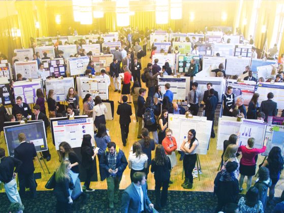 People stand in a large room, such as a ballroom in the Michigan Union, in front of charts and posters they made to summarize their UROP experience. It looks a bit like a science fair, with people moving from presentation to presentation and asking about student experiences.