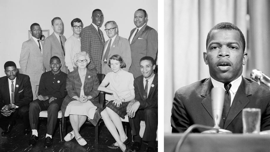 A composite of two black and white photographs. On the left, Walter Bergman stands in the back row with other members of CORE. On the right, a headshot of John Lewis speaking. There are curtains visible behind them and there is a water glass on his left.