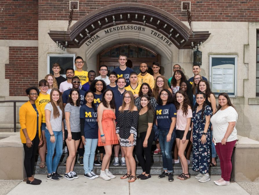 A photograph of the fall 2018 incoming class of 36 Kessler Scholars posing on the Lydia Mendelsohn Theater steps.