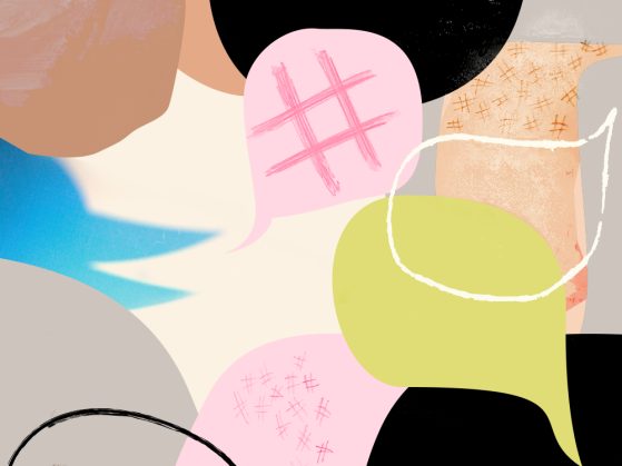An illustration of colorful dialogue bubbles that include a hashtag