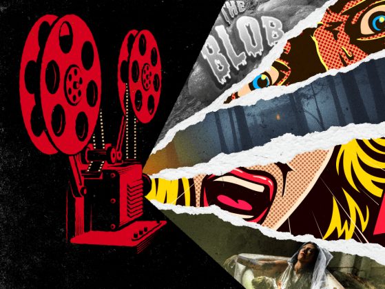 An illustration of an old film projector projecting a collage of horror-themed images.