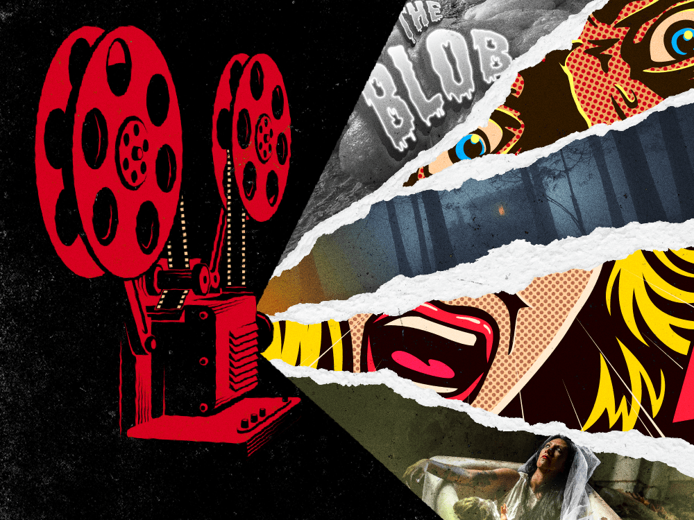 An illustration of an old film projector projecting a collage of horror-themed images.