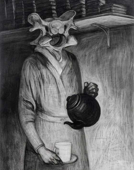 Black and white sketched drawing of a creature in a bathrobe holding a teapot.