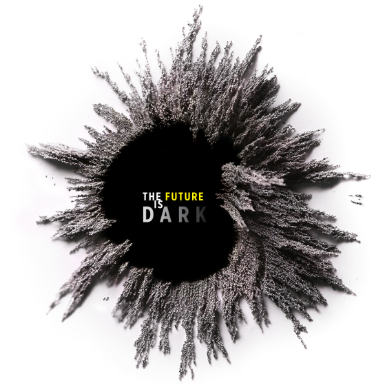 A dark circle with text that says The Future Is Dark. Silver streaks project around the image as if the dark circle were the center of an explosion.