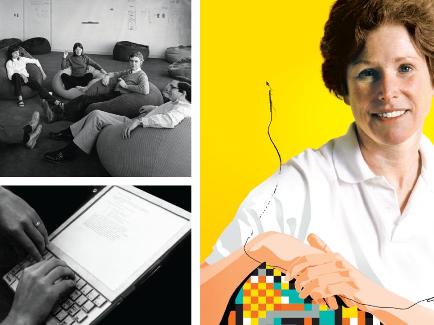 a composite of three images. One is a black and white photograph of a large room with people sitting on beanbags. Another is a black and white photo of a Dynabook, which is a screen that has a keyboard attached. There is a right hand on the keyboard. The last is a photograph of Adele Goldberg wearing a white polo shirt. The lower half of the portrait transitions into illustration
