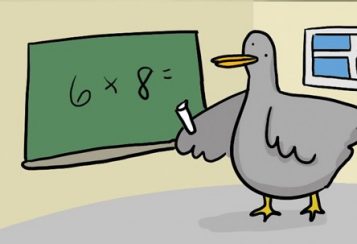 A cartoon pigeon writing 6 x 8 = on a chalkboard