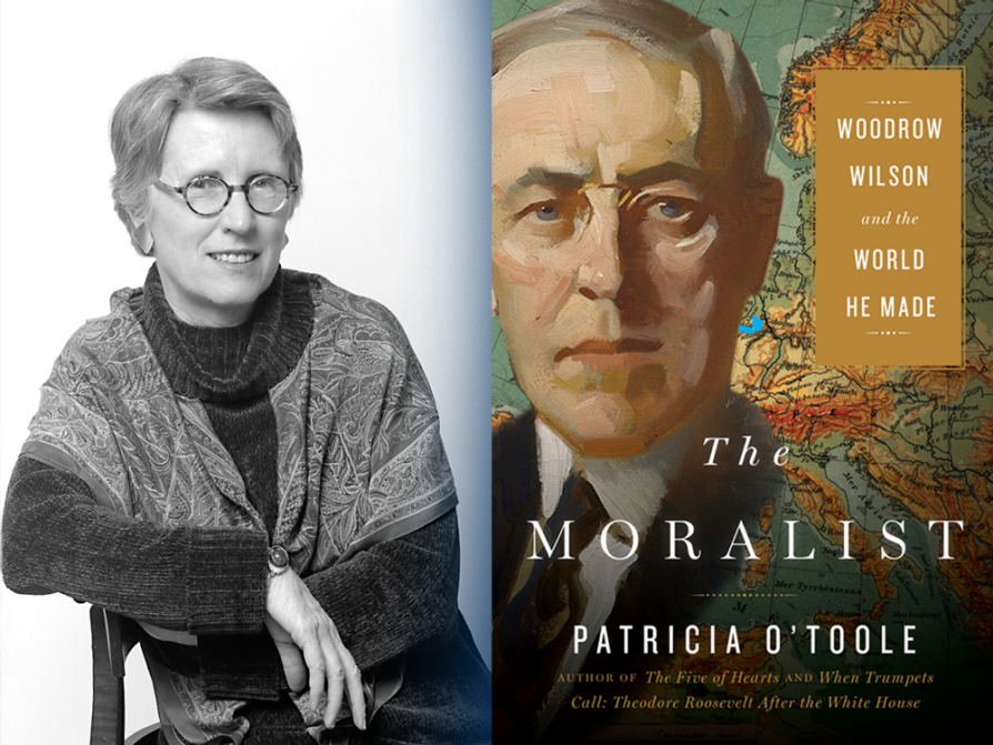 A composite of the O'Toole's author photo -- her elbow balanced across the back of a straight chair, a shawl wrapped around her shoulders -- and the cover of The Moralist, which has an illustrated headshot of Wilson as its primary image.