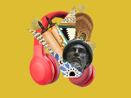 A composite of images with red, over-the-ear headphones as its base. On top is a scrap of paper with Hebrew words, the Torah, a fragment of a bimah, three ancient gold coins, and the head of a statue.