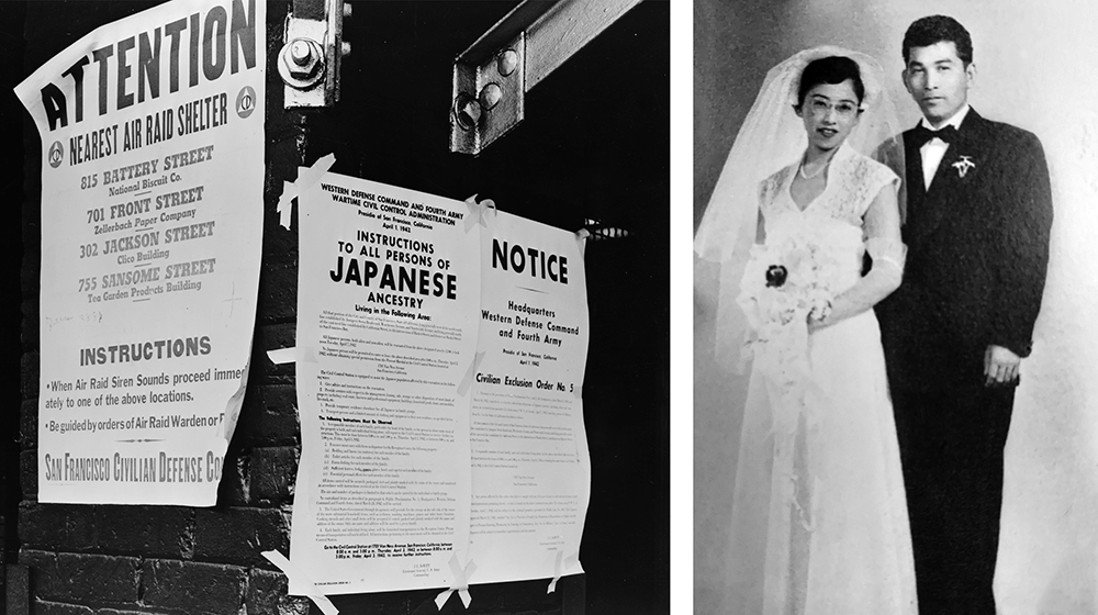 Two photographs: on the left, a photograph of the Civilian Exclusion Order. On the right, a wedding photograph of Mitani's parents.