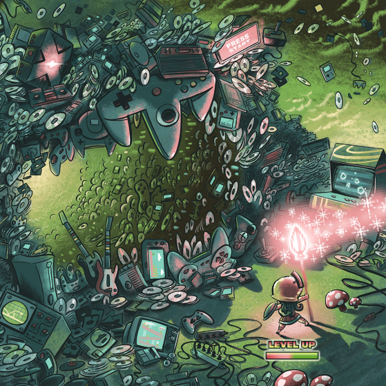 An illustration of a video game in which the character forges into a landscape of CD-roms and cords and old video arcade games. She carries a pink scepter that send pink light above and in front of her.