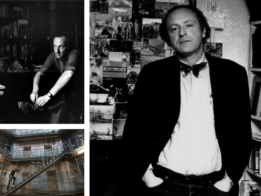 a composite of three images: one is a black-and-white photograph of Brodsky tying his left shoe. His shirtsleeves are rolled to the elbows and he's wearing a wristwatch.  Another is a photograph from inside the Kresty Prison taken from a courtyard up. It shows stairs and cell blocks. A net is strung across the courtyard between floors. The final picture is a black-and-white photograph of Brodsky wearing a black coat, a white shirt, and a bowtie. He has his hands in his pocket. There is a messy bookshelf to his left and snapshots on a wall behind his right shoulder.
