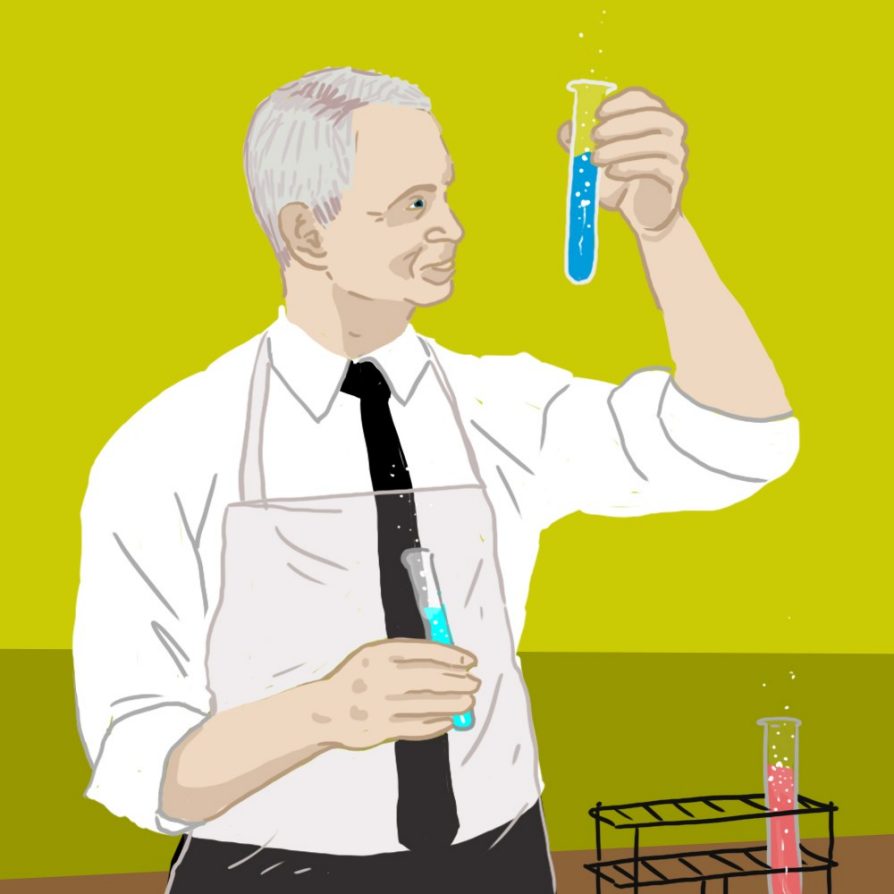 Illustration of a man wearing a tie and an apron and examining a blue test tube in his hand.