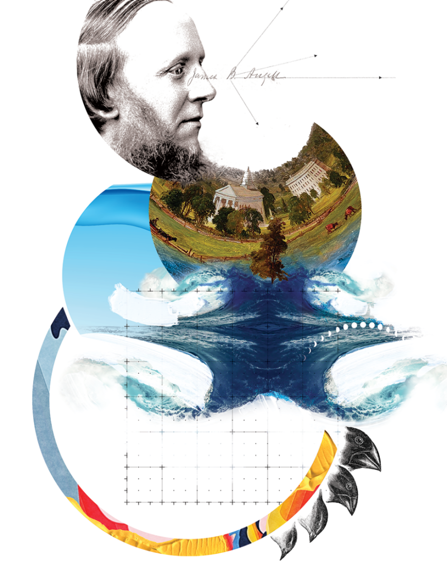 composite of photographs and illustrations. Each has a round edge. The top is a photograph of Angell with a line emerging from his eyes that then fractures into different directions. The second semi circle is a bucolic scene of field, horses and buildings that has been flattened and distorted surrounded by illustrations of water and sky that also have the same distorted qualities. The bottom semi circle is a ring of blue, orange, yellow, and red. Four bird beaks emerge from the right side. There is a rectangular geometric drawing in the middle.