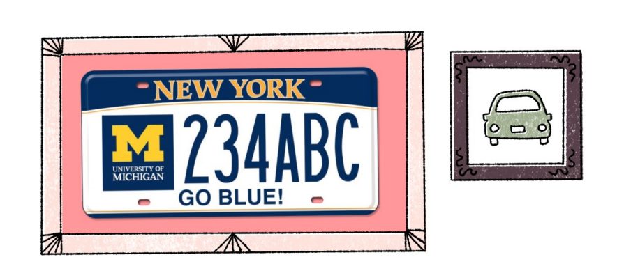 Two illustrations: on the left, a New York state license plate with the block M, and the license plate number 234ABC above text that says Go Blue. It is all surrounded by a picture frame. To the right, a drawing of a car from the rear that is also enclosed by a frame.