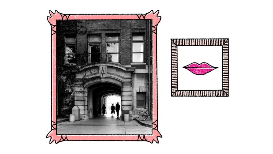 Two images: on the left, a photograph of the West Engineering arch surrounded by an illustrated picture frame; on the right, an illustration of lips surrounded by a frame.