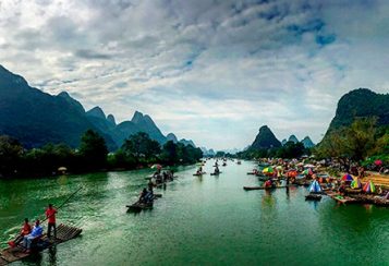 Bamboo rafts on the Yulong River in Yangshuo County, Guilin, China