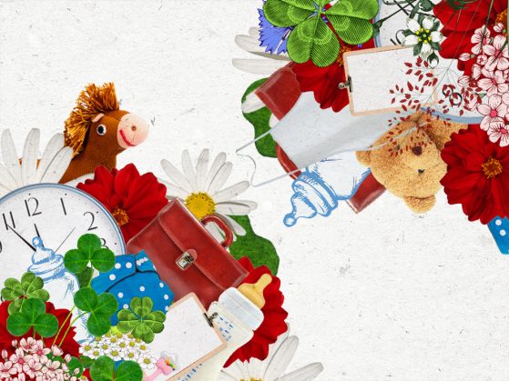 a collage illustration with a stuffed horse, red and white flowers, a bottle, a clip board, a clock, and a purse
