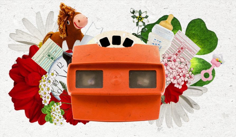 a collage illustration with red flowers, white flowers, lucky shamrocks, a view master, a pink rattle, a toy horse, and bottle